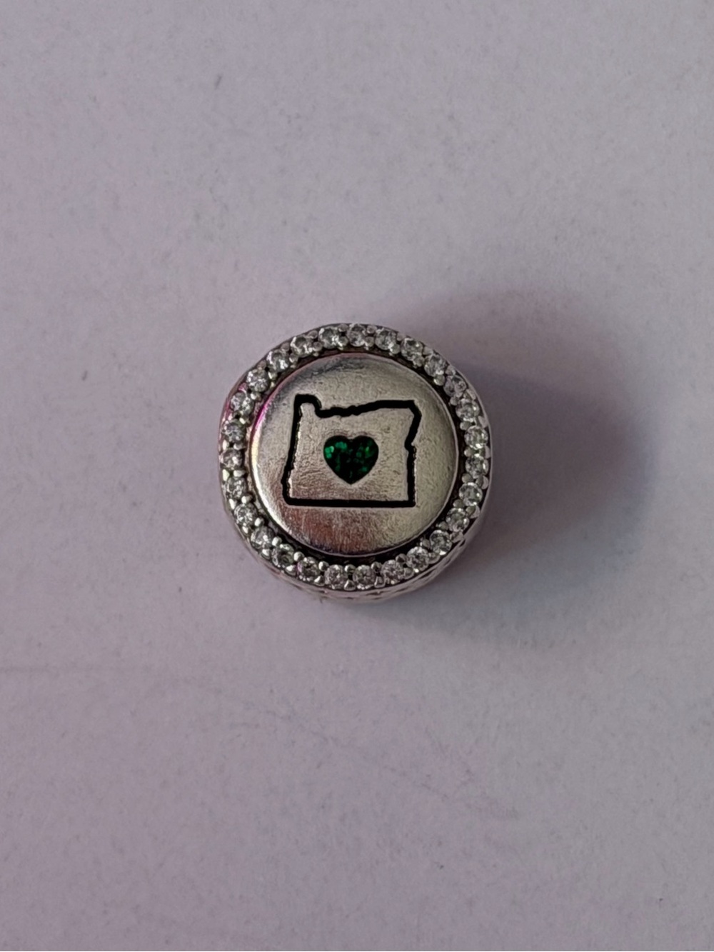 Pandora Silver Oregon Outline Charm with Green Heart and Clear Stones